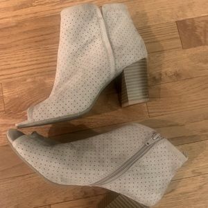 Suede tan booties with peep toe block heels